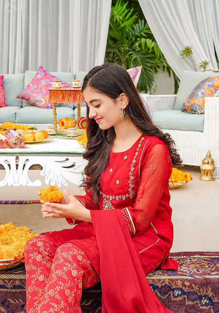 Chiffon Hand Adda Work 3 Pc Suit - Wear Ochre