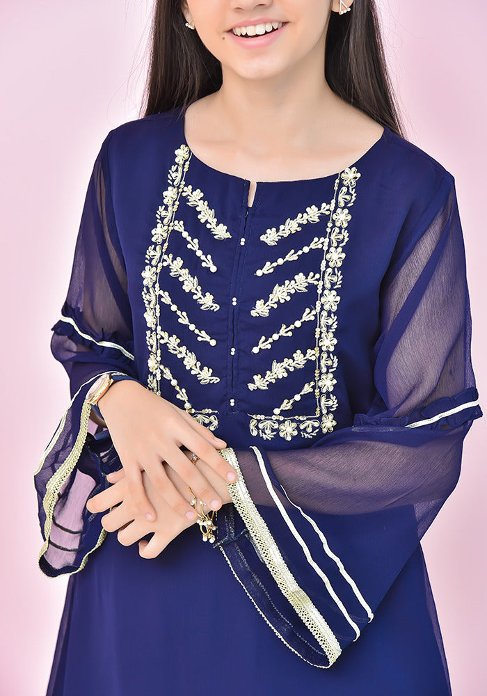 Chiffon Hand Work 3 Pc Suit - Wear Ochre