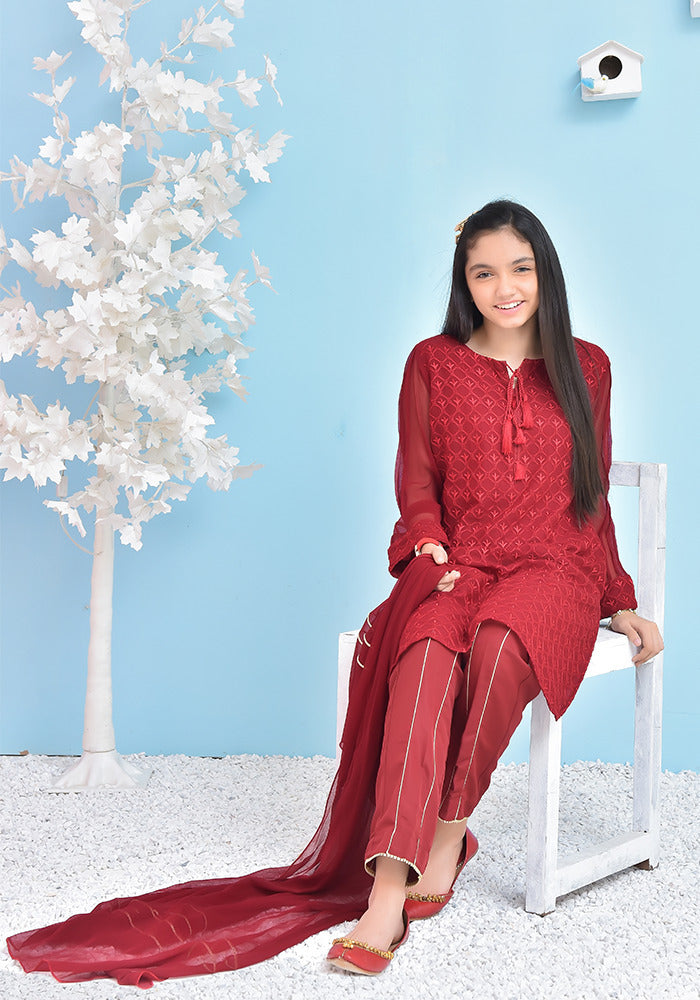 Chiffon Embroidered 3 Pc Suit - Wear Ochre