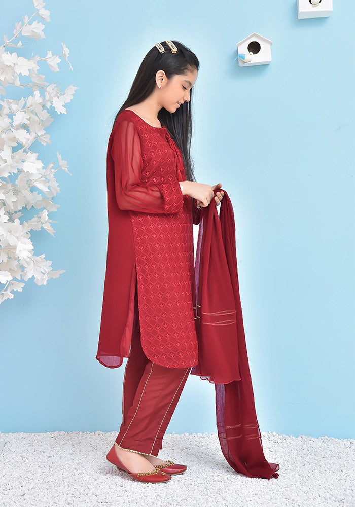 Chiffon Embroidered 3 Pc Suit - Wear Ochre