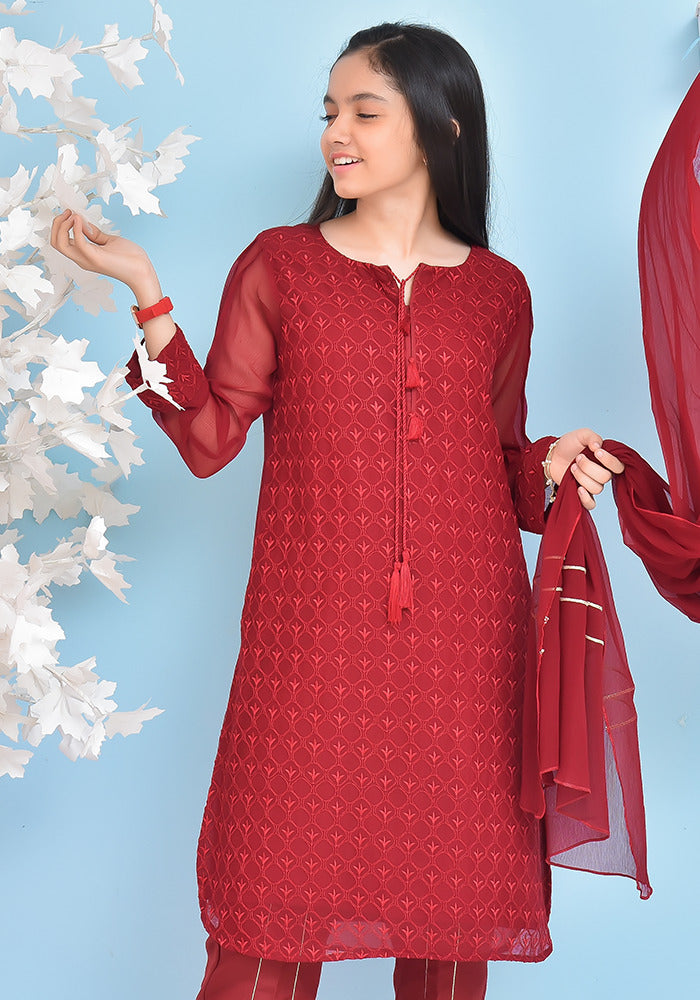 Chiffon Embroidered 3 Pc Suit - Wear Ochre