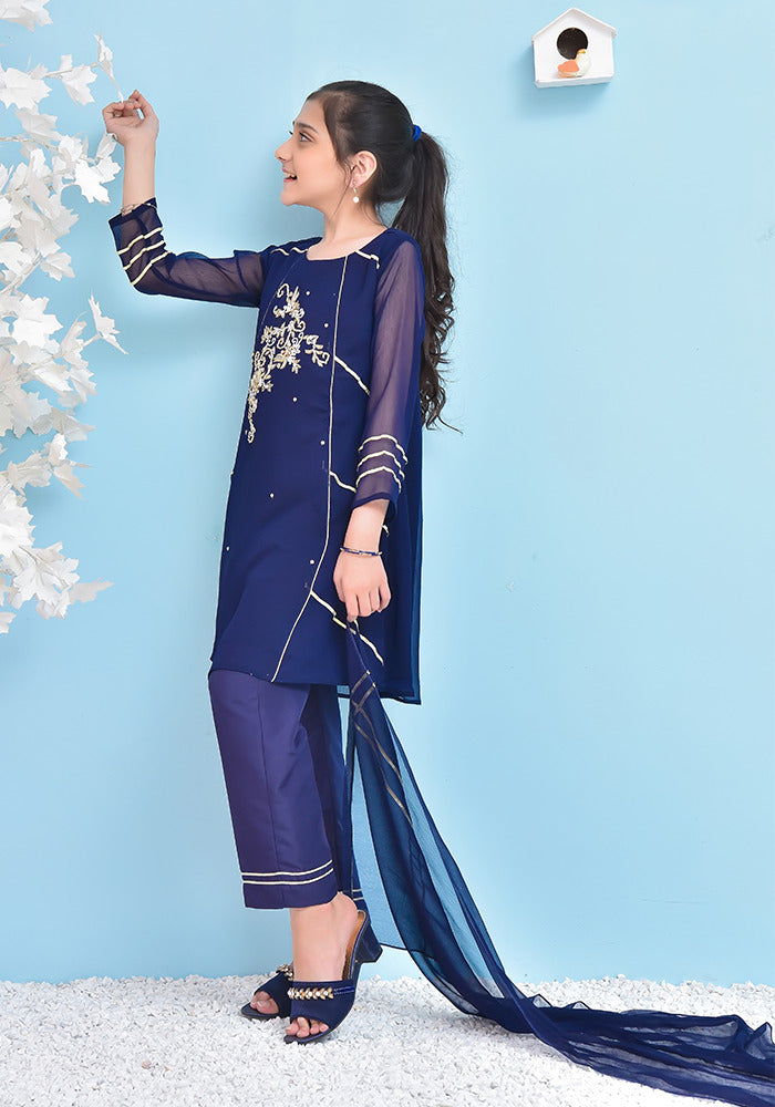 Chiffon Hand Work 3 Pc Suit - Wear Ochre