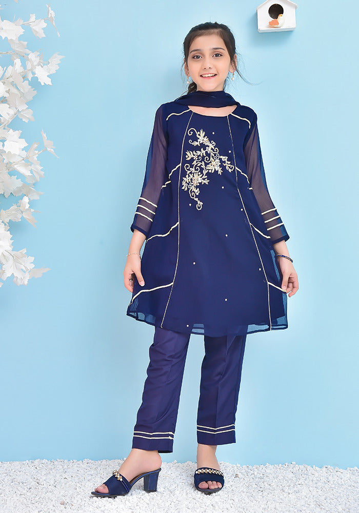 Chiffon Hand Work 3 Pc Suit - Wear Ochre