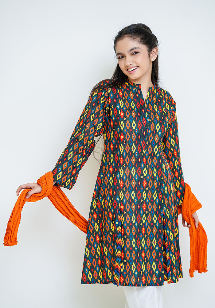 Khaddar Printed 3 Pc Suit - Wear Ochre