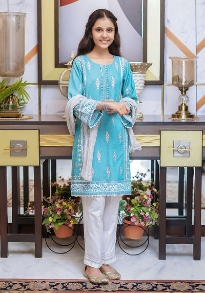 Chambray Block Print 3 Pc Suit