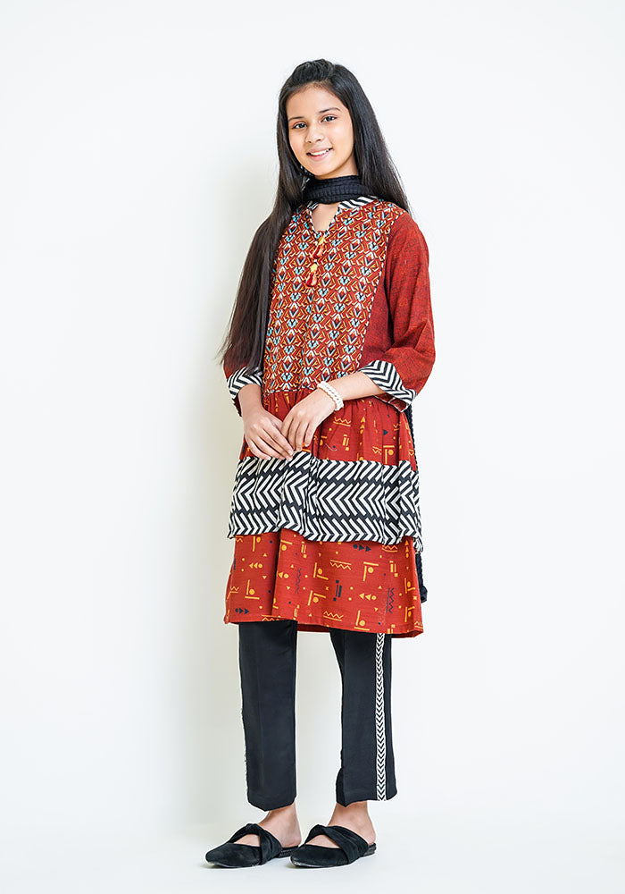 Khaddar Printed 3 Pc Suit - Wear Ochre