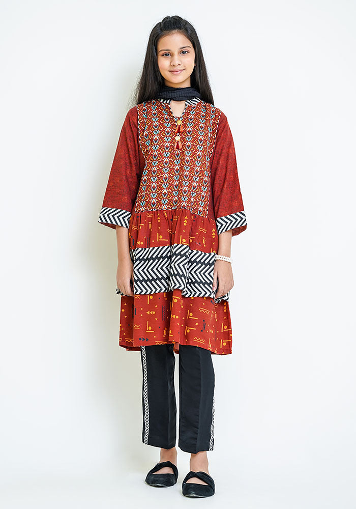 Khaddar Printed 3 Pc Suit - Wear Ochre