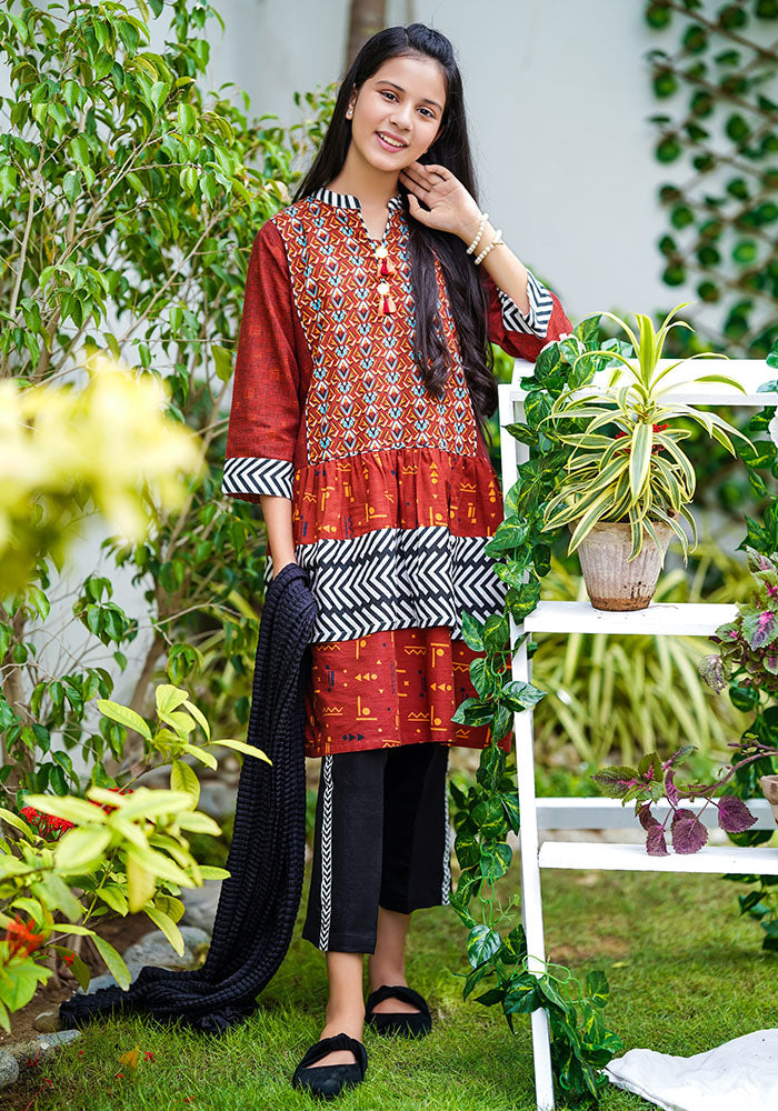 Khaddar Printed 3 Pc Suit - Wear Ochre