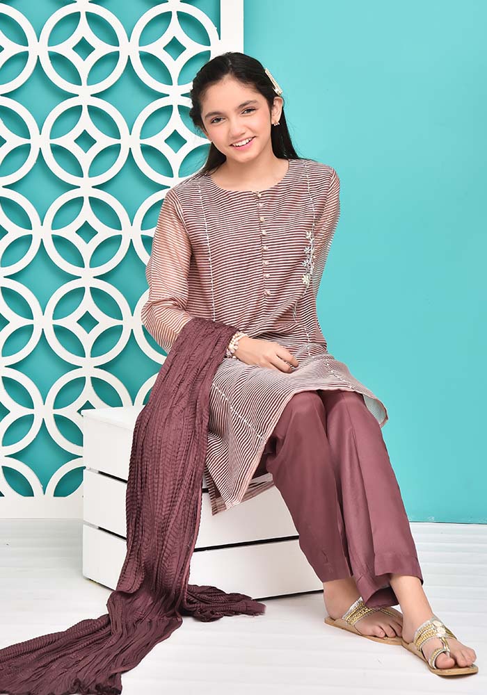 Jacquard Hand Work 3 Pc Suit - Wear Ochre