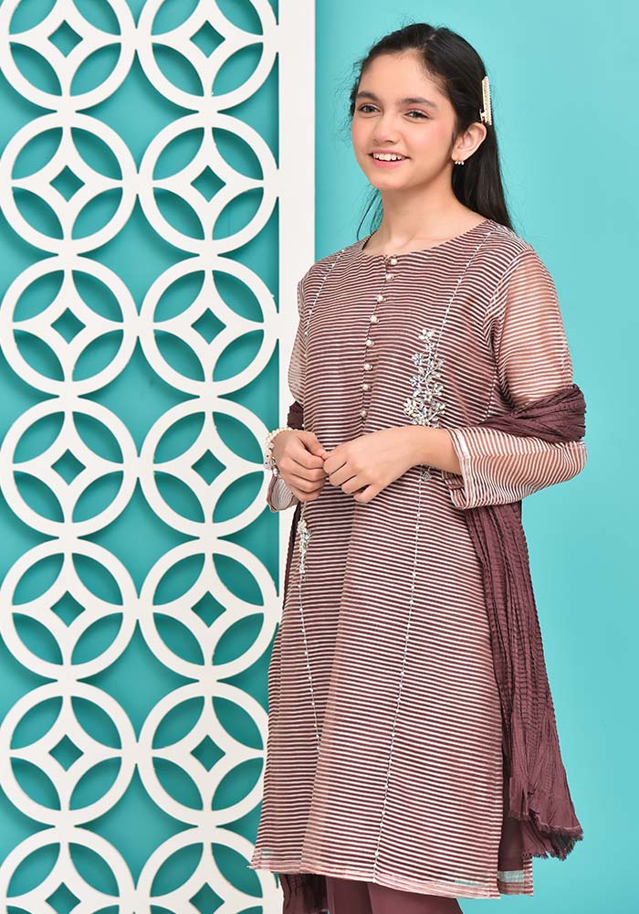 Jacquard Hand Work 3 Pc Suit - Wear Ochre