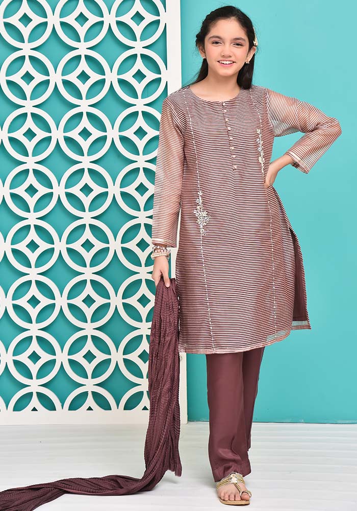 Jacquard Hand Work 3 Pc Suit - Wear Ochre