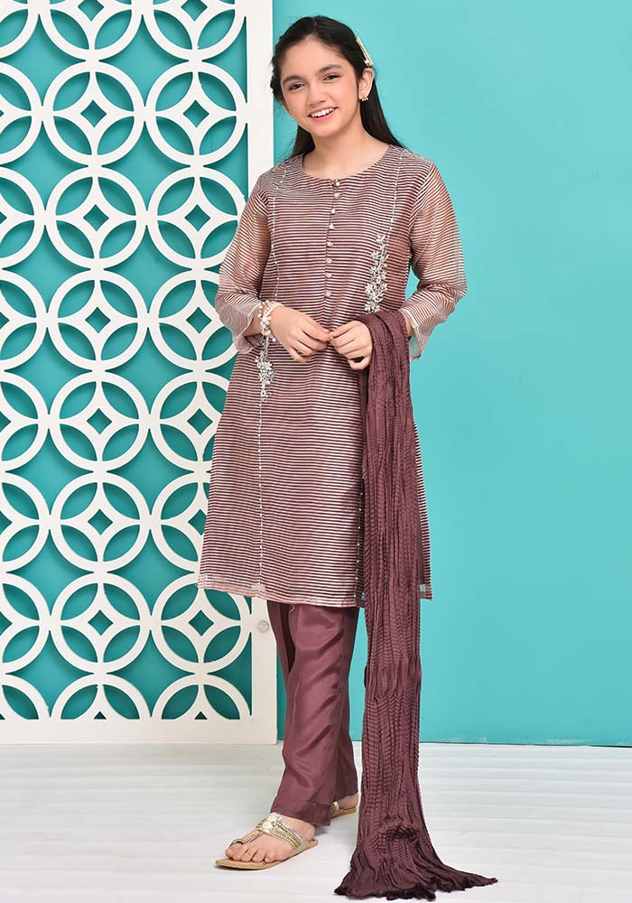 Jacquard Hand Work 3 Pc Suit - Wear Ochre