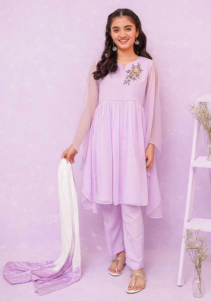 Chiffon Hand Adda Work 3 Pc Suit - Wear Ochre