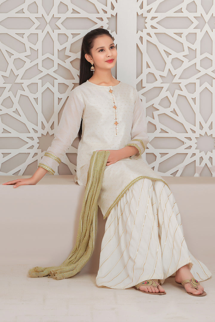 Organza Jacquard Hand Adda Work 3 Pc Suit - Wear Ochre
