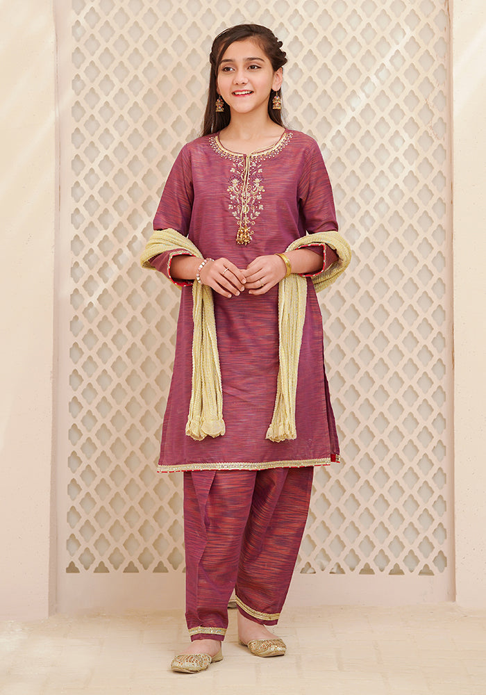Multi Yarn Cotton Hand Adda Work 3 Pc Suit - Wear Ochre