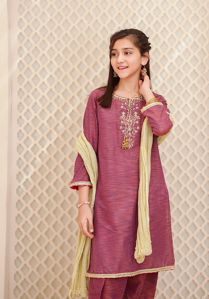Multi Yarn Cotton Hand Adda Work 3 Pc Suit - Wear Ochre