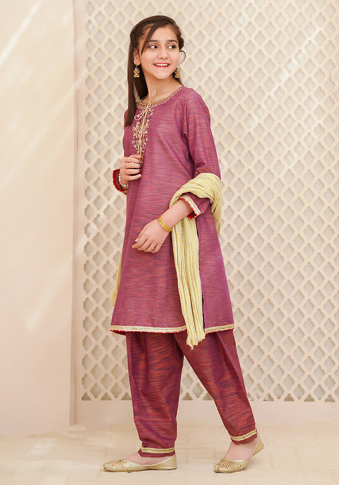 Multi Yarn Cotton Hand Adda Work 3 Pc Suit - Wear Ochre