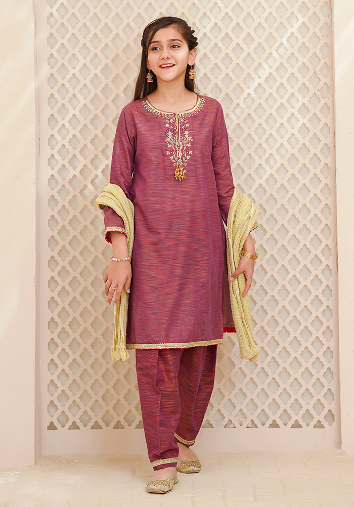 Multi Yarn Cotton Hand Adda Work 3 Pc Suit - Wear Ochre