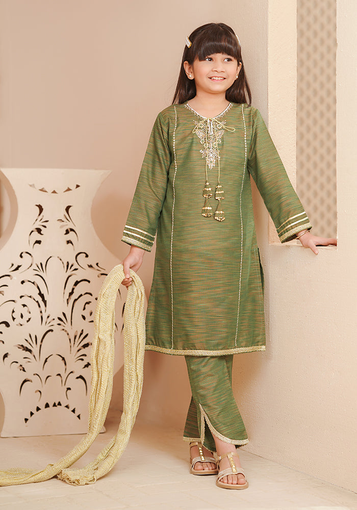 Multi Yarn Cotton Hand Adda Work 3 Pc Suit - Wear Ochre