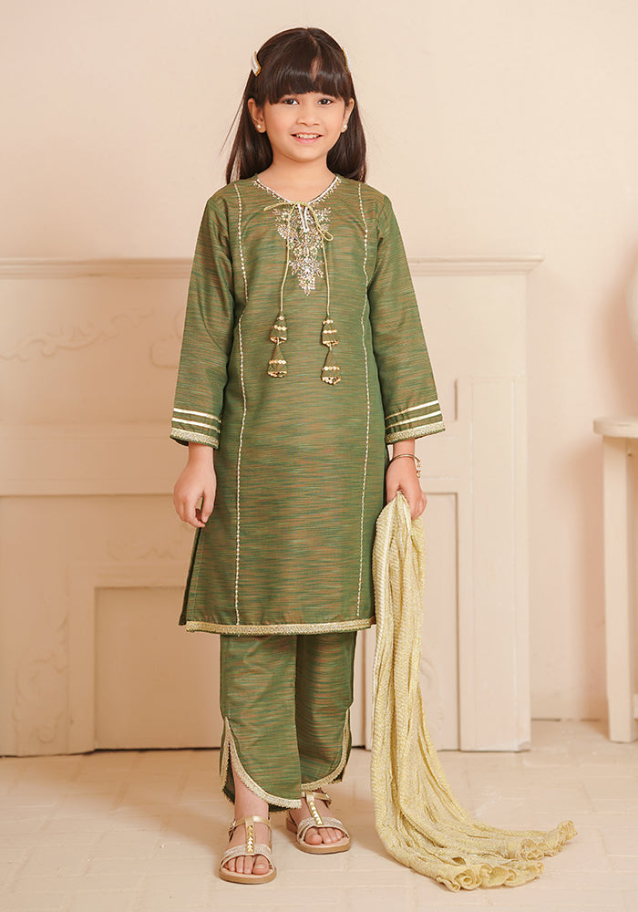 Multi Yarn Cotton Hand Adda Work 3 Pc Suit - Wear Ochre