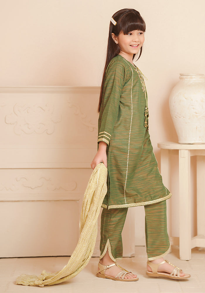 Multi Yarn Cotton Hand Adda Work 3 Pc Suit - Wear Ochre