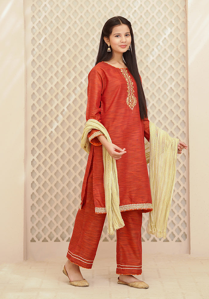 Multi Yarn Cotton Hand Adda Work 3 Pc Suit - Wear Ochre