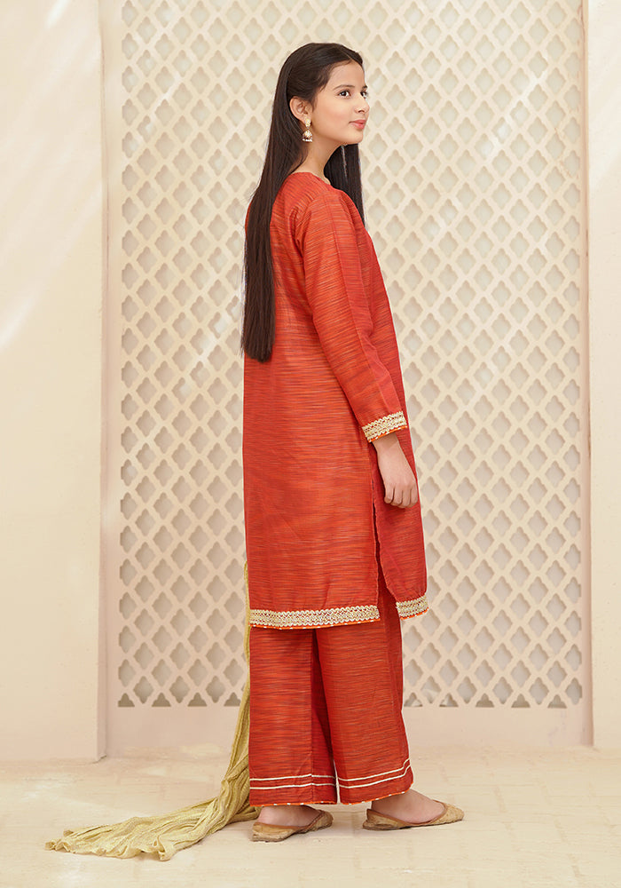 Multi Yarn Cotton Hand Adda Work 3 Pc Suit - Wear Ochre
