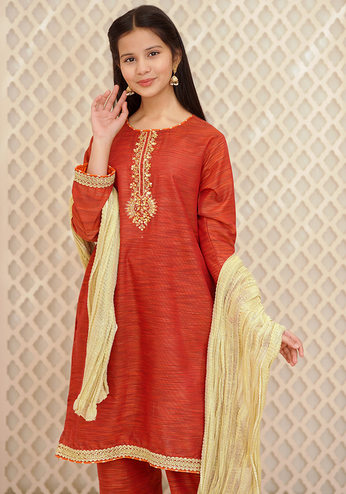 Multi Yarn Cotton Hand Adda Work 3 Pc Suit - Wear Ochre