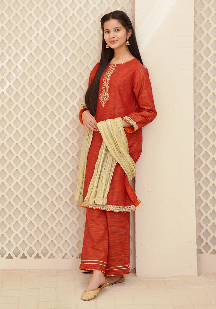 Multi Yarn Cotton Hand Adda Work 3 Pc Suit - Wear Ochre
