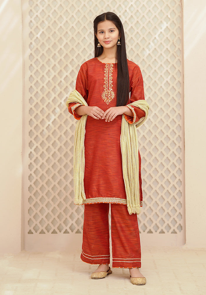 Multi Yarn Cotton Hand Adda Work 3 Pc Suit - Wear Ochre