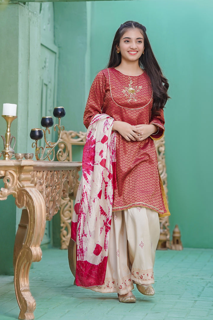 Cotton Jacquard Hand Adda Work 3 Pc Suit - Wear Ochre
