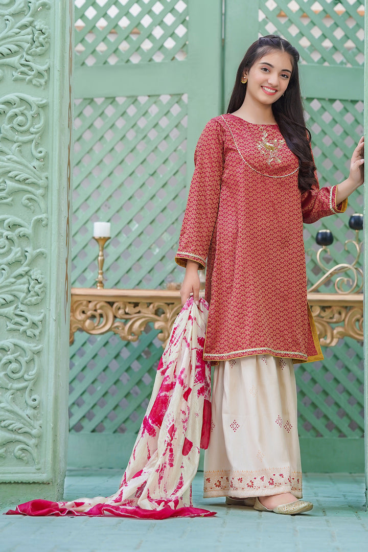 Cotton Jacquard Hand Adda Work 3 Pc Suit - Wear Ochre