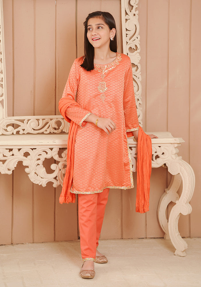 Cotton Jacquard Hand Adda Work 3 Pc Suit - Wear Ochre
