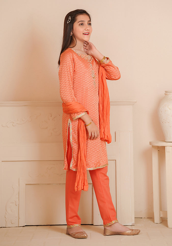 Cotton Jacquard Hand Adda Work 3 Pc Suit - Wear Ochre