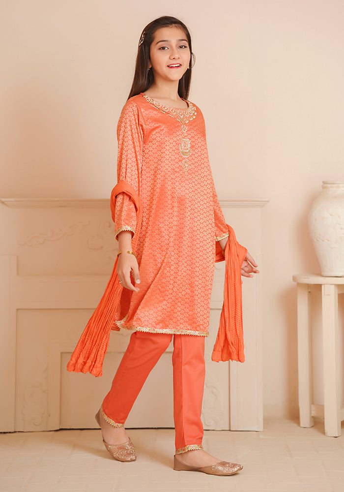 Cotton Jacquard Hand Adda Work 3 Pc Suit - Wear Ochre