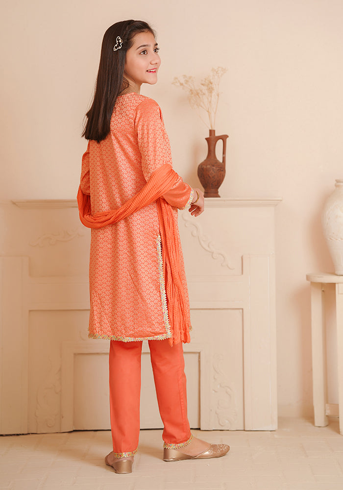 Cotton Jacquard Hand Adda Work 3 Pc Suit - Wear Ochre