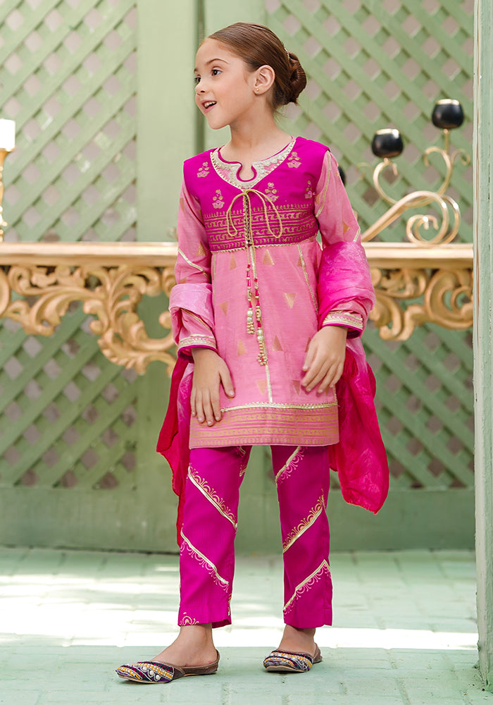 Jacquard Block Printed 3 Pc Suit - Wear Ochre