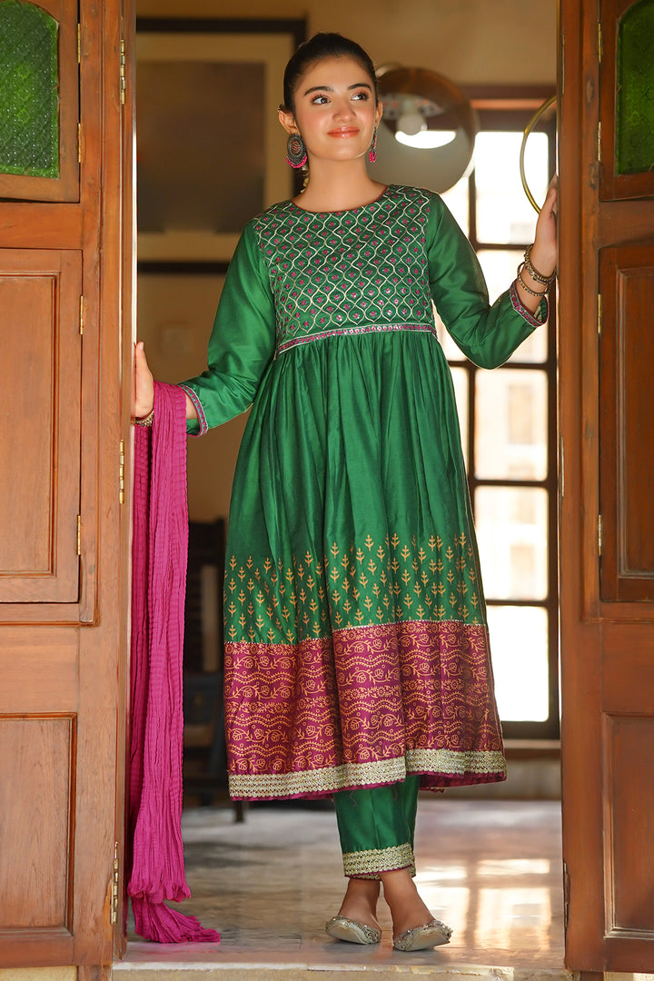 Cotton Silk Embroidered/Printed 3 Pc Suit - Wear Ochre