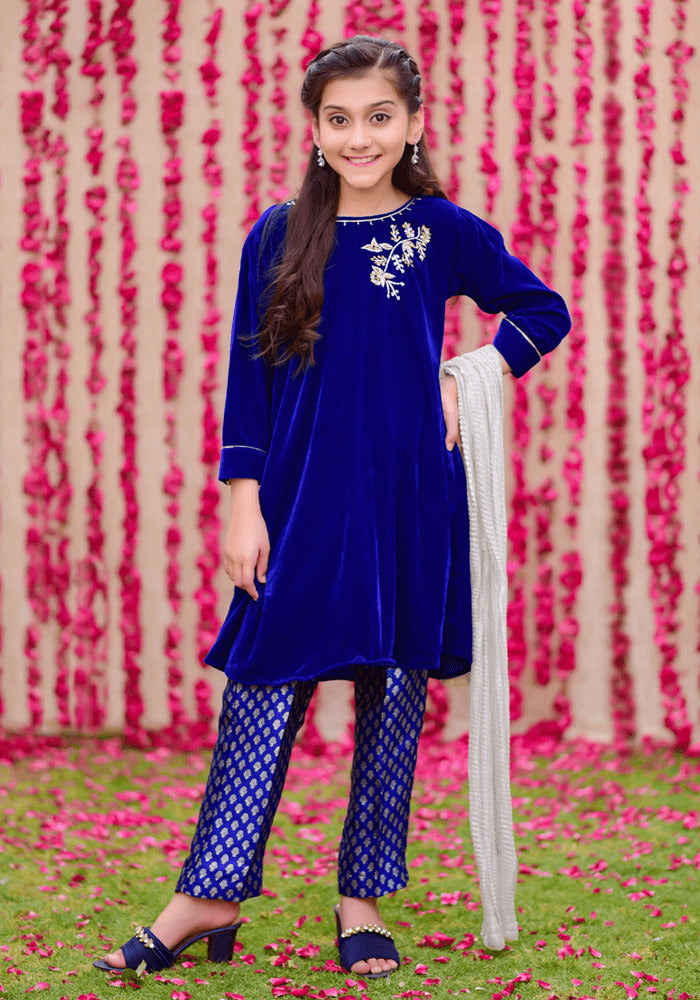 Velvet Hand Work 3 Pc Suit - Wear Ochre