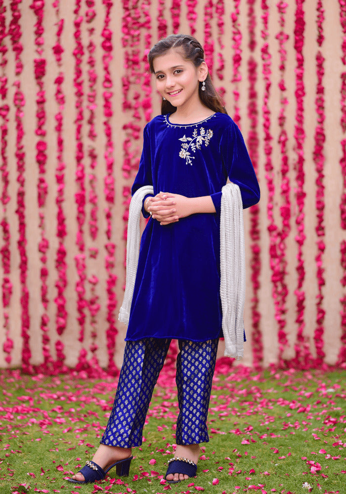 Velvet Hand Work 3 Pc Suit - Wear Ochre