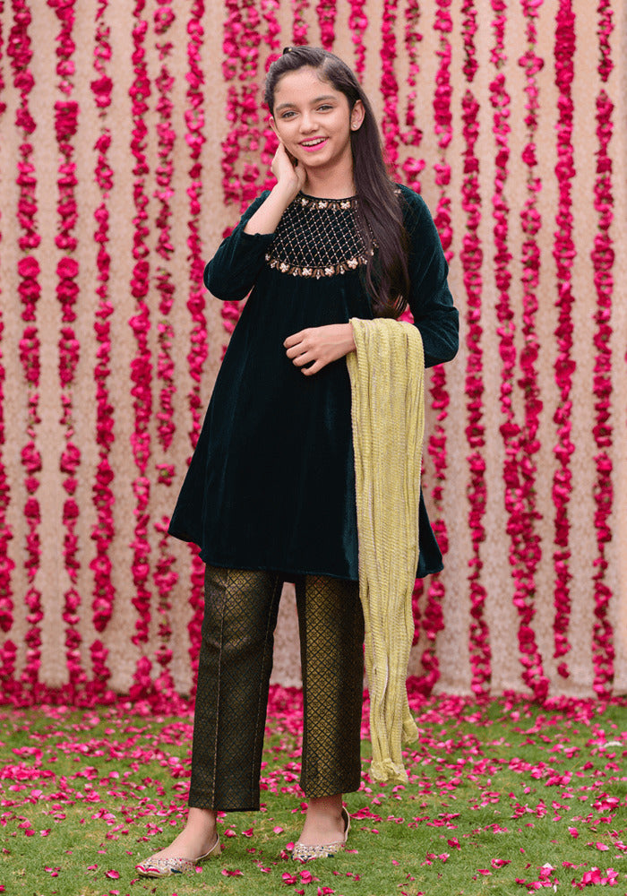 Velvet Hand Work 3 Pc Suit - Wear Ochre