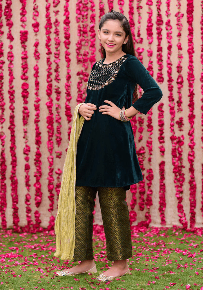 Velvet Hand Work 3 Pc Suit - Wear Ochre