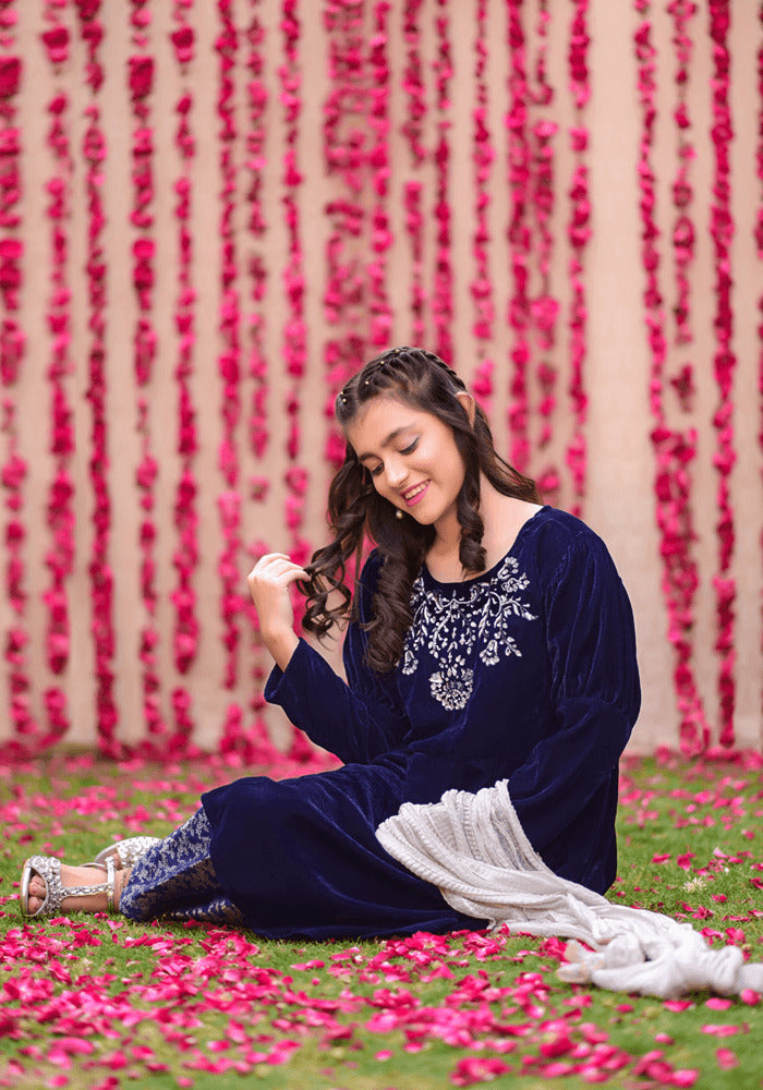 Velvet Hand Work 3 Pc Suit - Wear Ochre