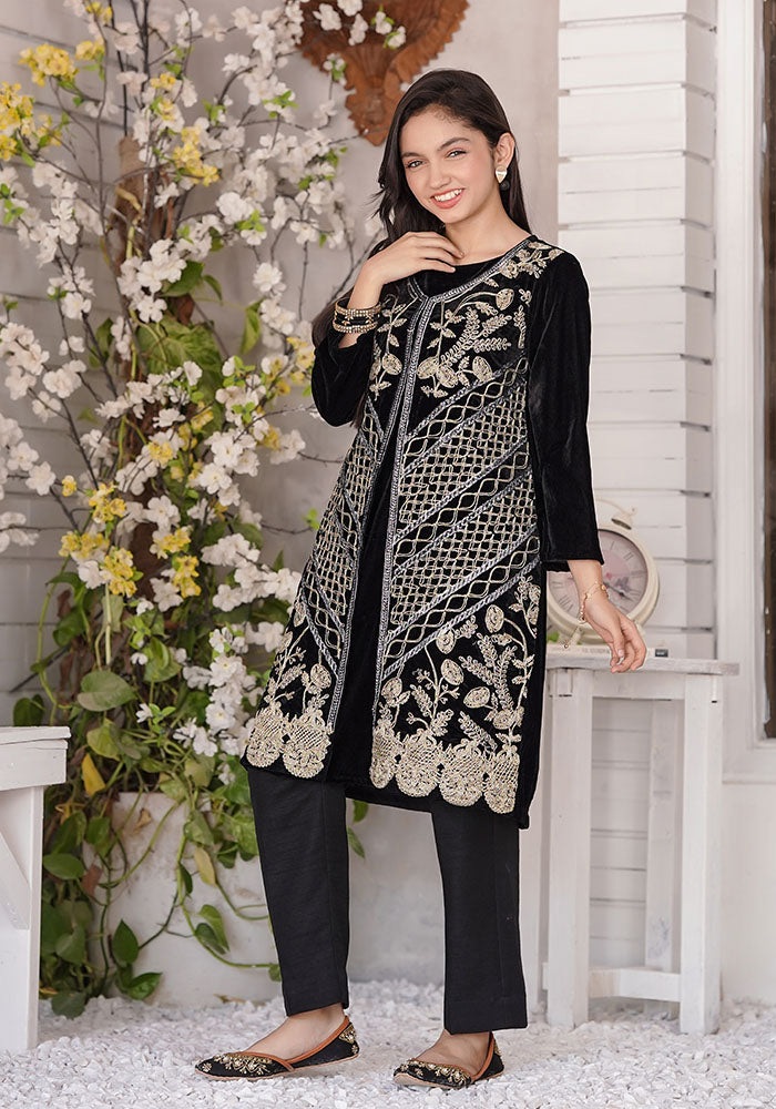 Velvet Embroidered 2 Pc Suit - Wear Ochre