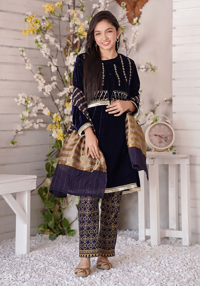 Velvet Hand Adda Work 3 Pc Suit - Wear Ochre
