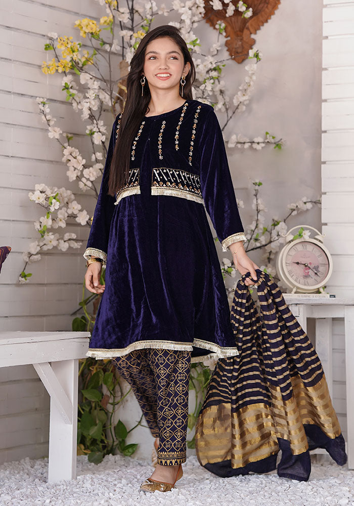 Velvet Hand Adda Work 3 Pc Suit - Wear Ochre