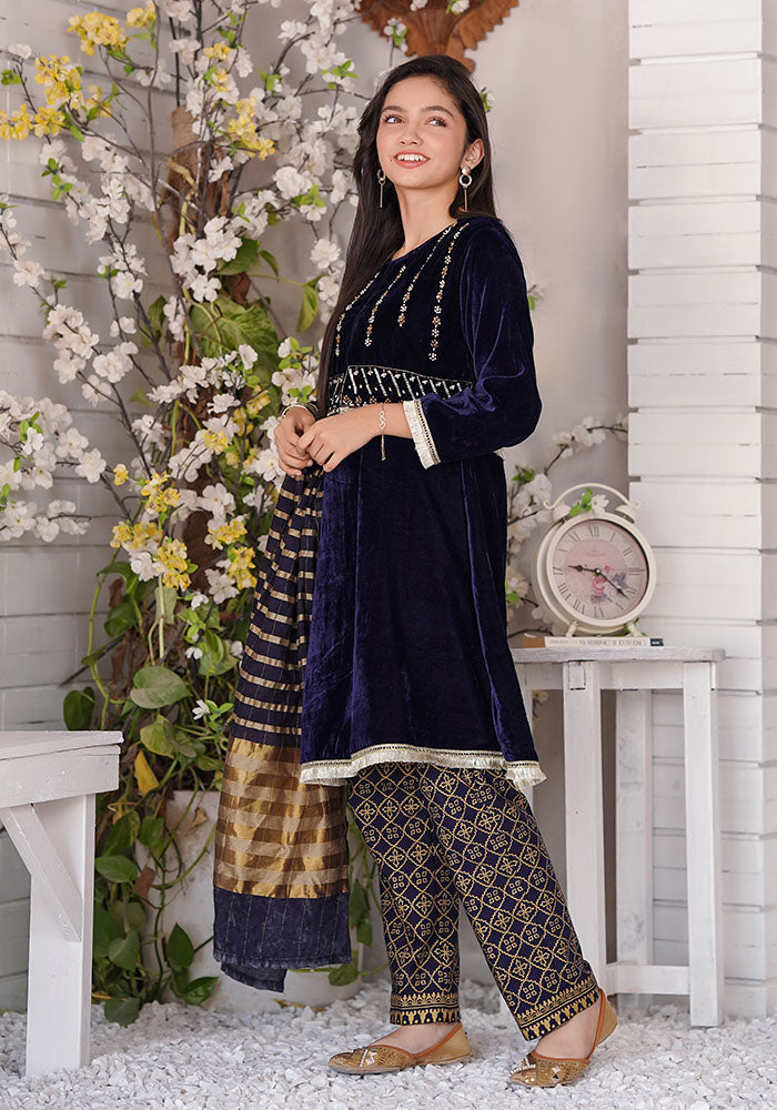 Velvet Hand Adda Work 3 Pc Suit - Wear Ochre