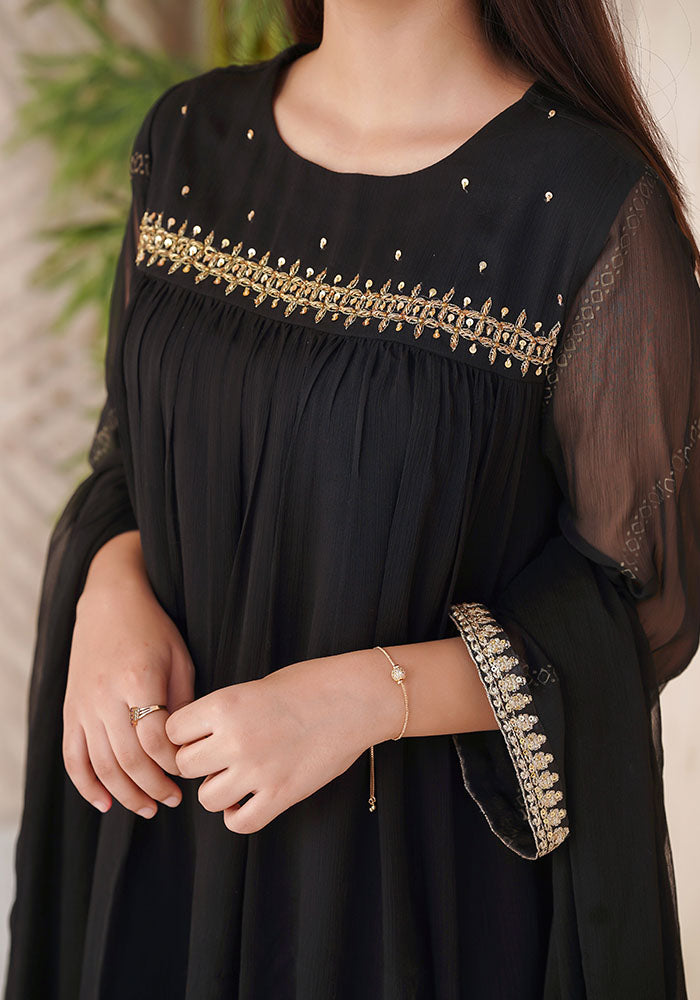Chiffon Hand Adda Work 3 Pc Suit - Wear Ochre