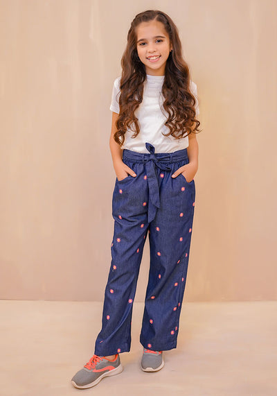 Denim Embroidered  Pants