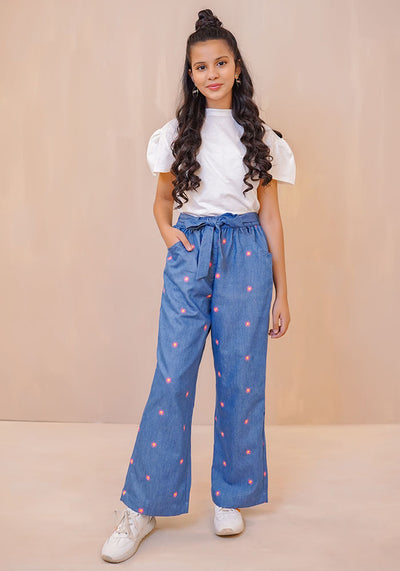 Denim Embroidered  Pants